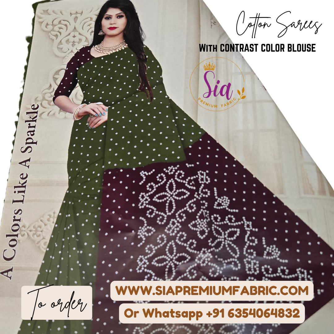 Bandhej Cottons - Green - simple cotton saree, with blouse piece