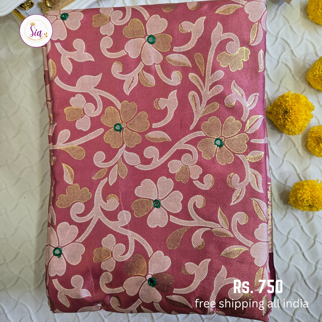 Light Pink - Dull Moss Sarees - Mirror work, Piping contrast border and Foil Prints