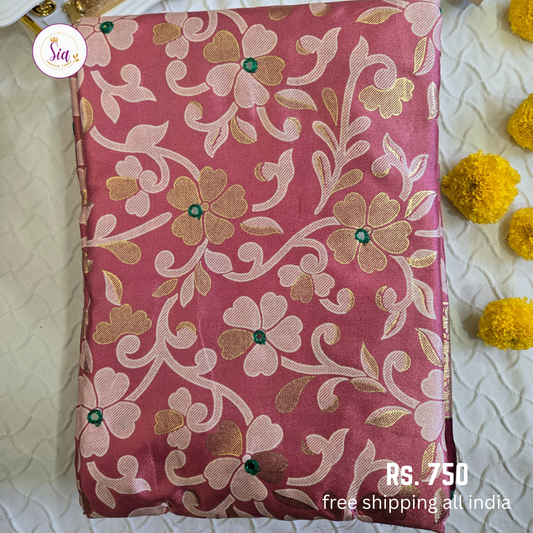 Light Pink - Dull Moss Sarees - Mirror work, Piping contrast border and Foil Prints