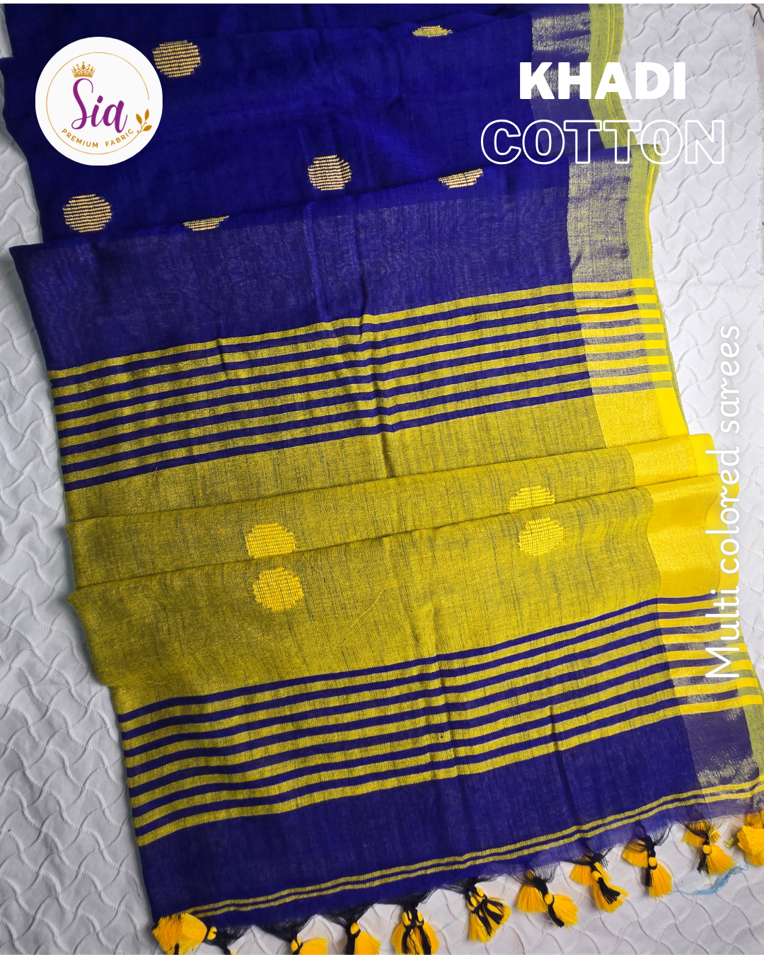 Blue/Yellow - Multicolored Khadi Cotton Sarees with Geometrical motifs