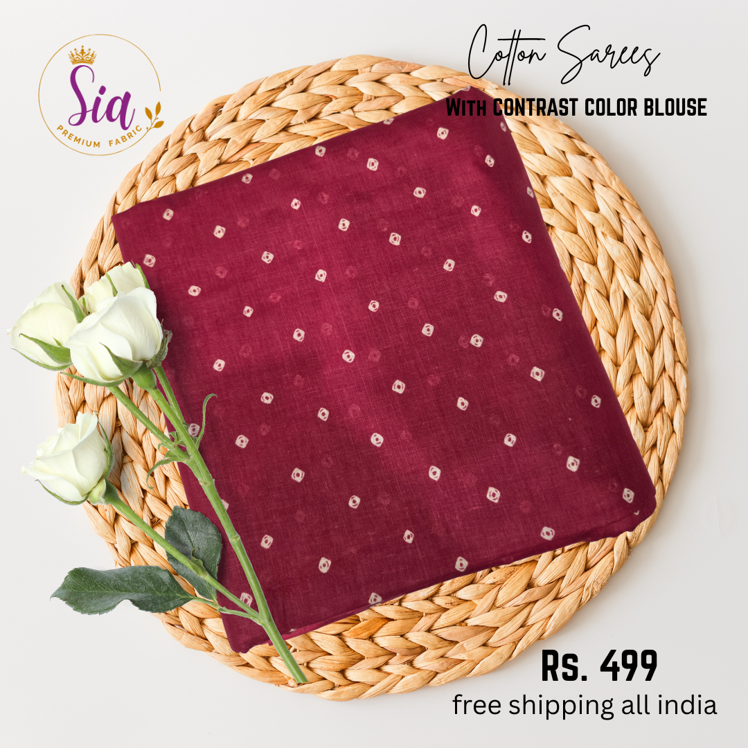 Bandhej Cottons - Maroon - simple cotton saree, with blouse piece