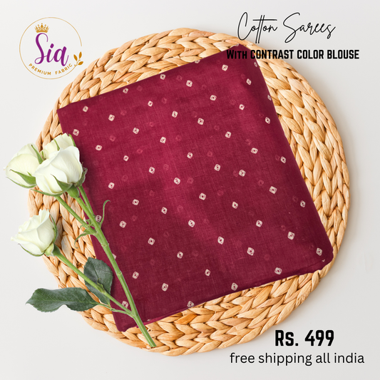 Bandhej Cottons - Maroon - simple cotton saree, with blouse piece