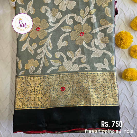 Light Grey - Dull Moss Sarees - Mirror work, Piping contrast border and Foil Prints