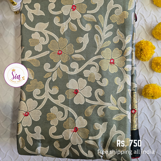 Light Grey - Dull Moss Sarees - Mirror work, Piping contrast border and Foil Prints