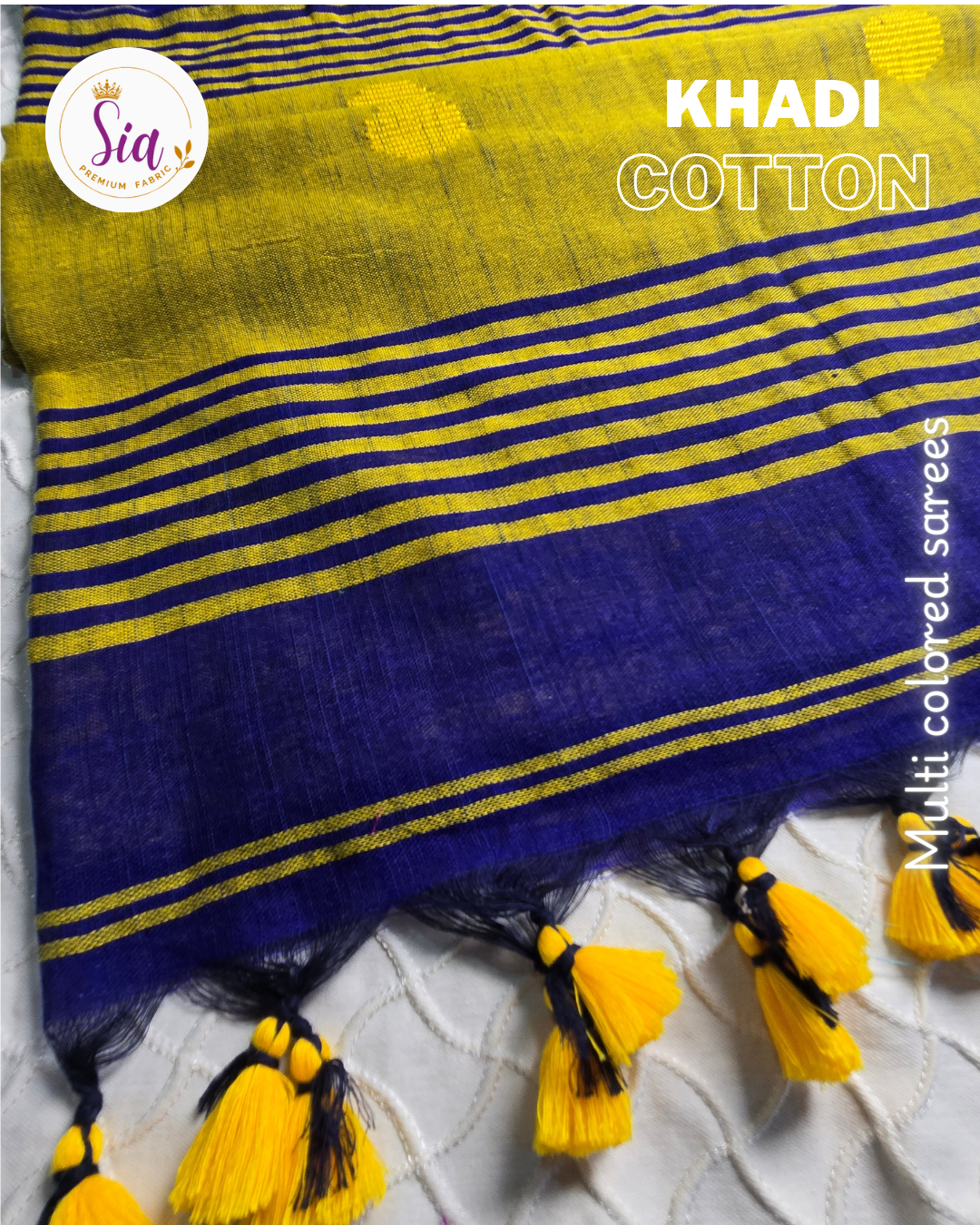 Blue/Yellow - Multicolored Khadi Cotton Sarees with Geometrical motifs