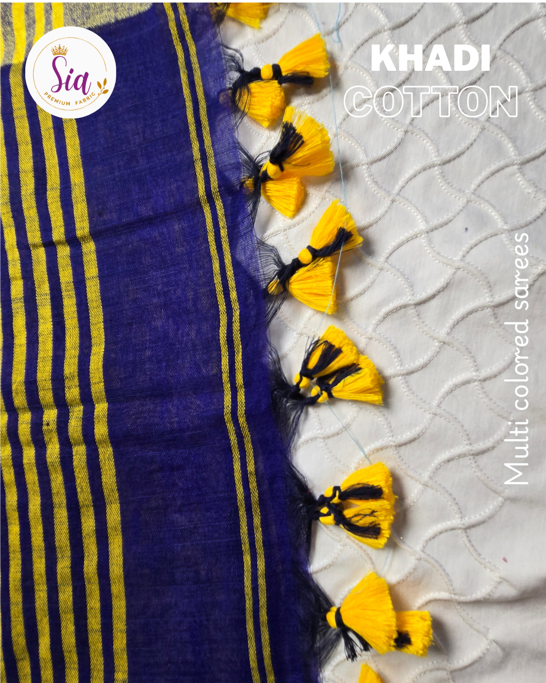 Blue/Yellow - Multicolored Khadi Cotton Sarees with Geometrical motifs