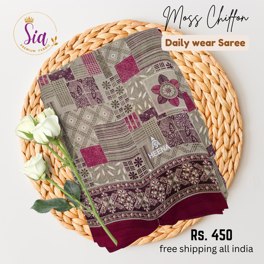 Cream, maroon, green colors - Moss chiffon