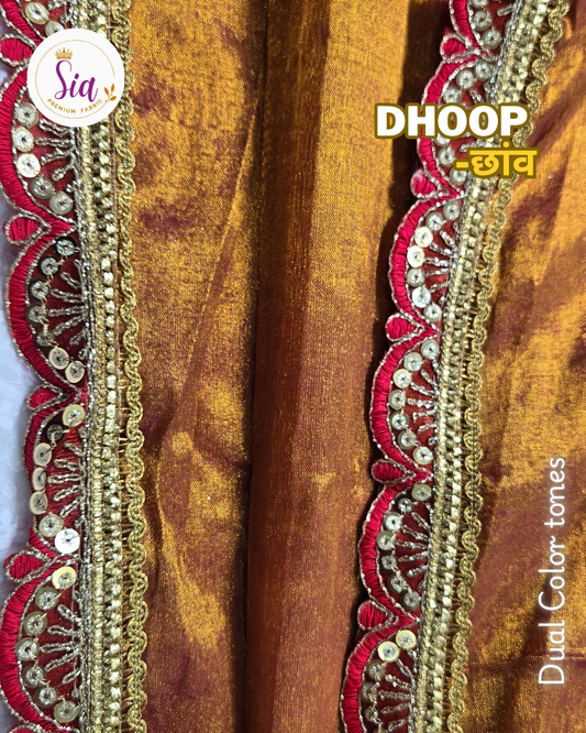 Copper Red Gold - धूप Dhoop छाँव chaaon, soft tissue sarees with beautiful lace borders and tassels.