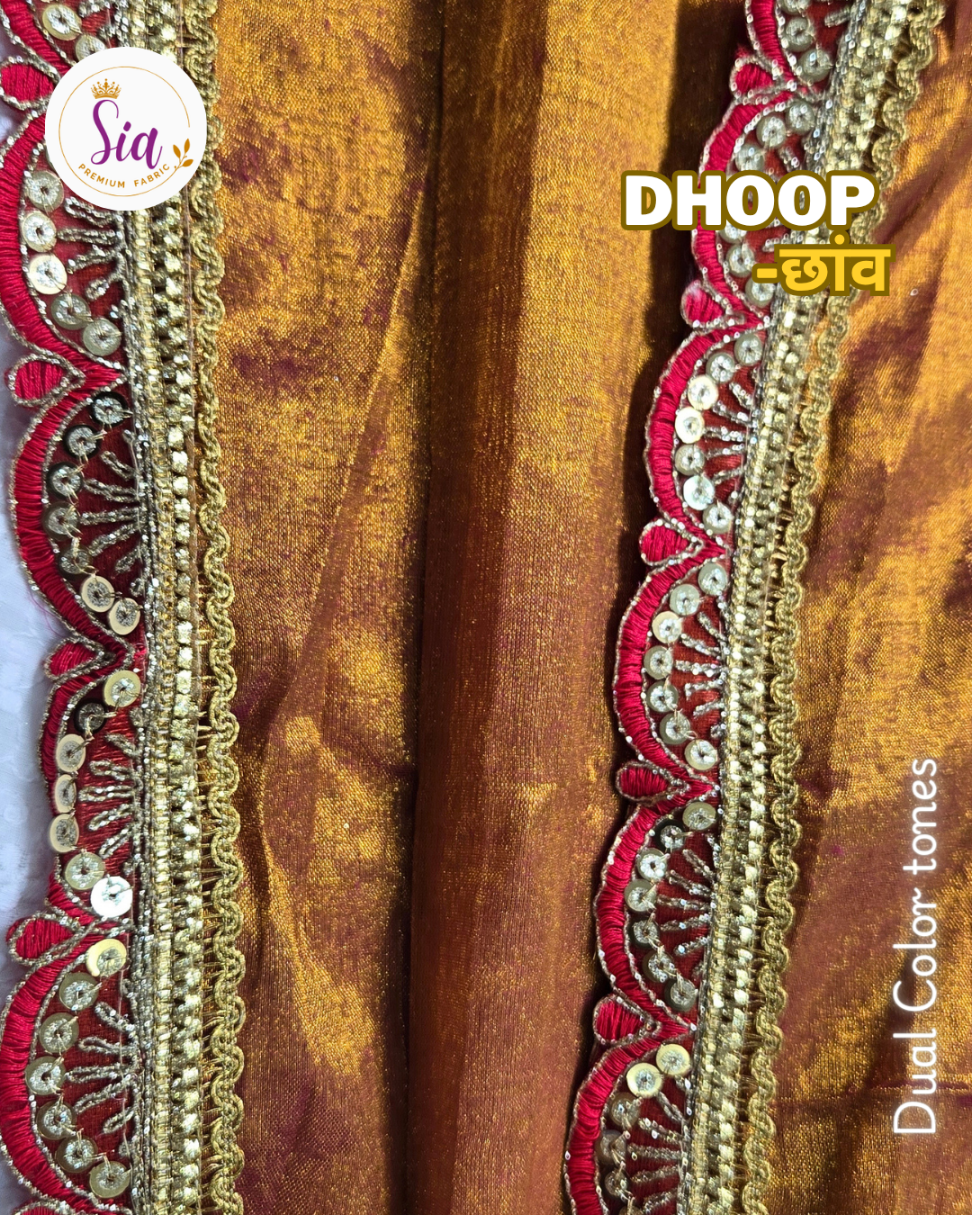 Copper Red Gold - धूप Dhoop छाँव chaaon, soft tissue sarees with beautiful lace borders and tassels.