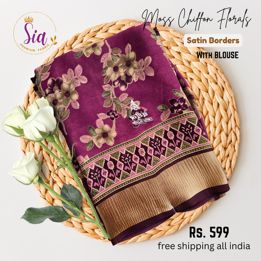 Majenta / Dark Pink color  - Floral prints Moss chiffon