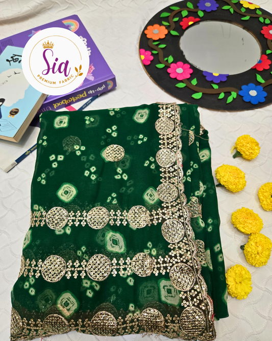 Dark Green - Pure BANDHEJ Chiffon - Three layer bordered Sarees