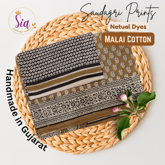 Saudagri Block Print MALAI Cotton Saree, Olive Green/Mehendi color, natural dye.