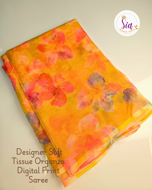 Yellow Gold Floral- Sia Designer Soft Tissue Organza Digital Print Saree