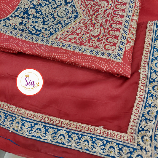 Pure Dola Silk Dress Material with classic bandhni print , Rich Red color