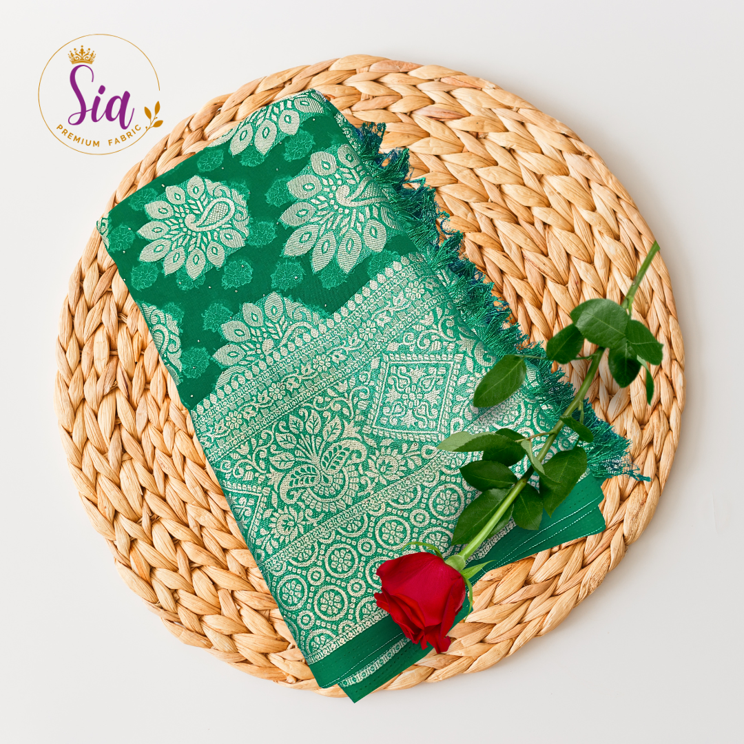 Green chiffon brasso saree with Peackock motifs and Heavy Zari Border - Sia Premium Fabric