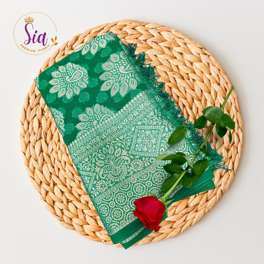 Green chiffon brasso saree with Peackock motifs and Heavy Zari Border - Sia Premium Fabric