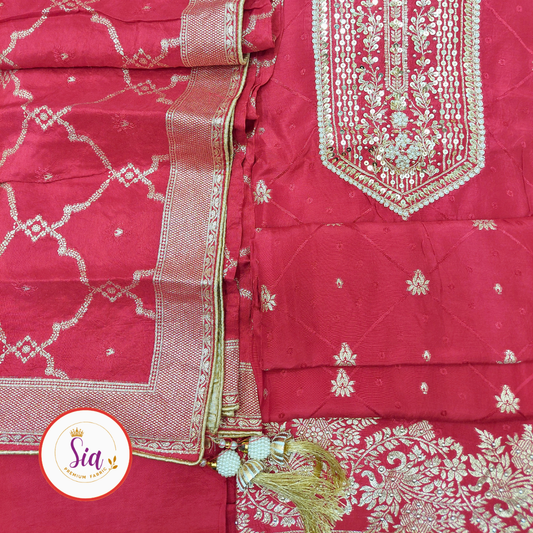 Pure Dola Russian Jacquard Silk Dress Material Red Color