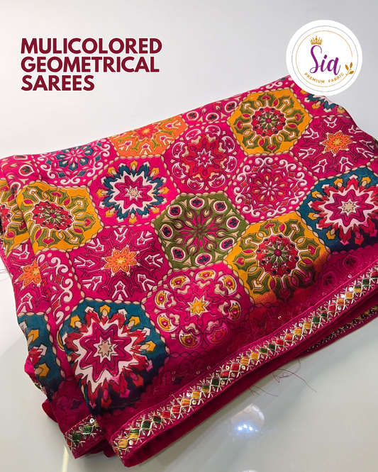 Pink - Multicolored Geometrical Hexagonal Mandala Printed Sarees