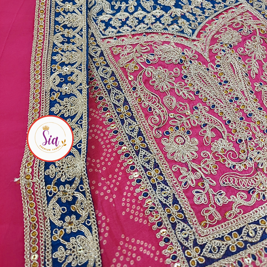 Pure Dola Silk Dress Material with classic bandhni print , Rich Rani Pink color