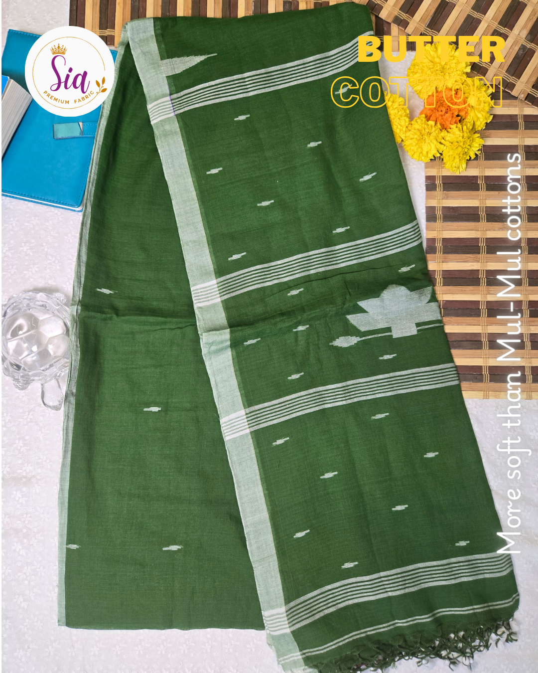 Green - BUTTER SOFT PREMIUM Mul-Mul cotton, 120 thread count with embroidered floral motifs.