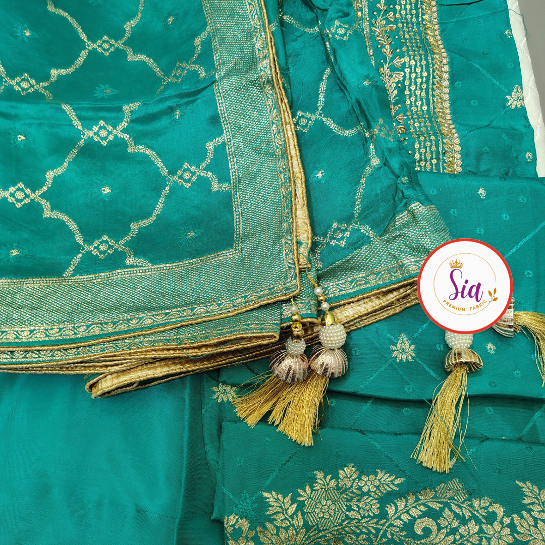 Pure Dola Russian Jacquard Silk Dress Material Rama Green, Teal/Sea Green color