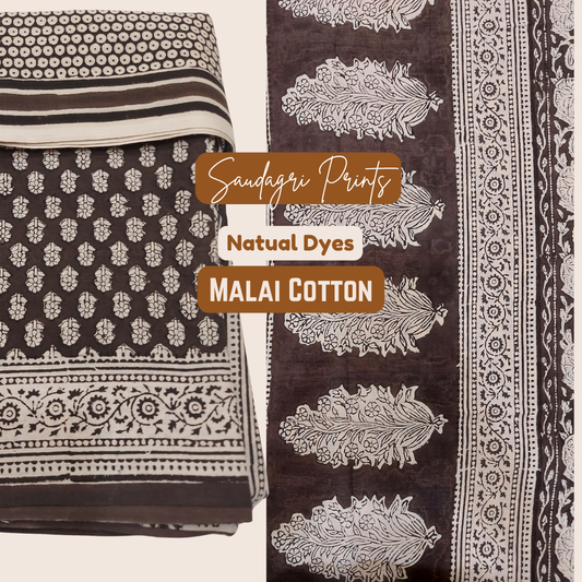 Saudagri Block Print MALAI Cotton Saree, Blend of Coffee and Dark Grey color, natural dye.