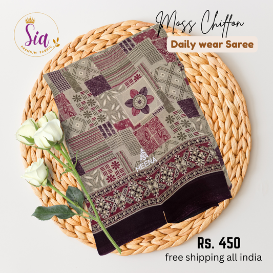 Cream, maroon, green colors - Moss chiffon