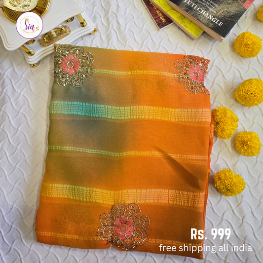 Orange - Chiffon Sarees - With blouse - With Embroidry butta