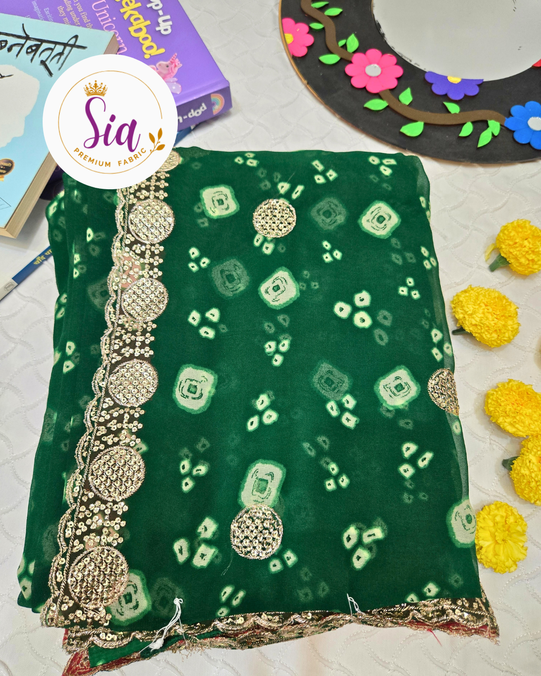 Dark Green - Pure BANDHEJ Chiffon - Three layer bordered Sarees