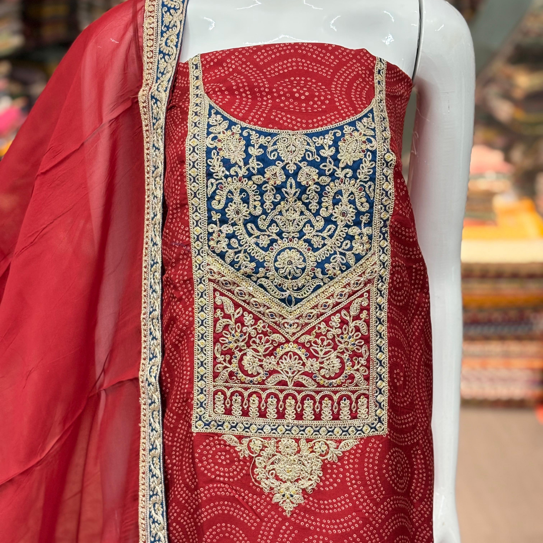 Pure Dola Silk Dress Material with classic bandhni print , Rich Red color