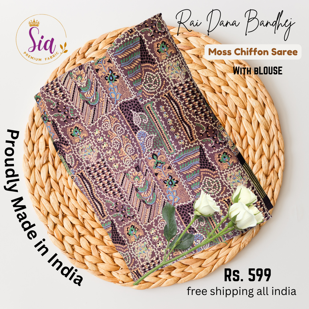 Rai dana Bandhej prints Moss chiffon saree with satin borders