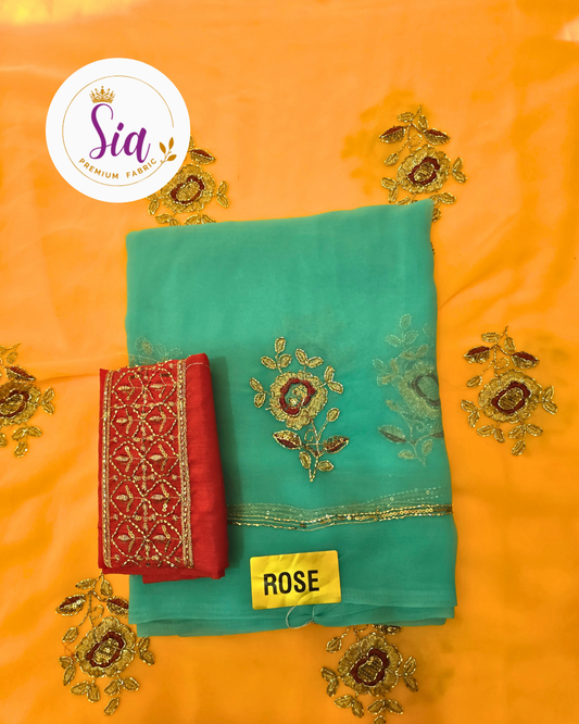 Teal - Gulab Rose Butti Royal Georgette Saree