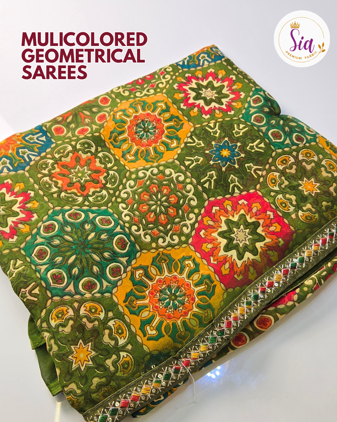 Green (Mehendi) - Multicolored Geometrical Hexagonal Mandala Printed Sarees