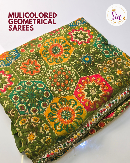 Green (Mehendi) - Multicolored Geometrical Hexagonal Mandala Printed Sarees