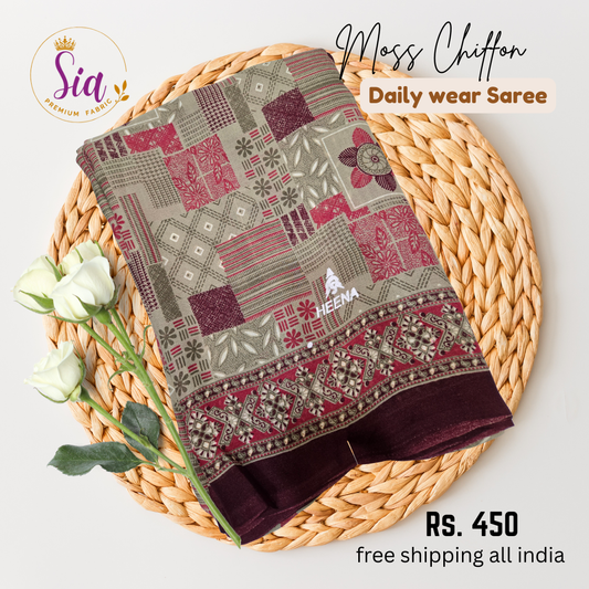 Cream, maroon, green colors - Moss chiffon