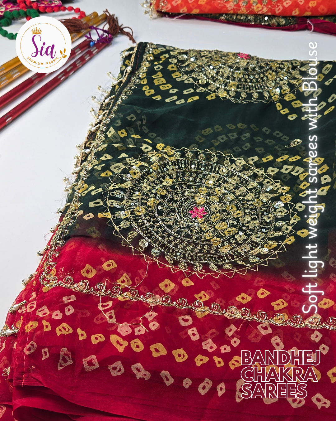 Green and Red - Chakra Bandhej Sarees
