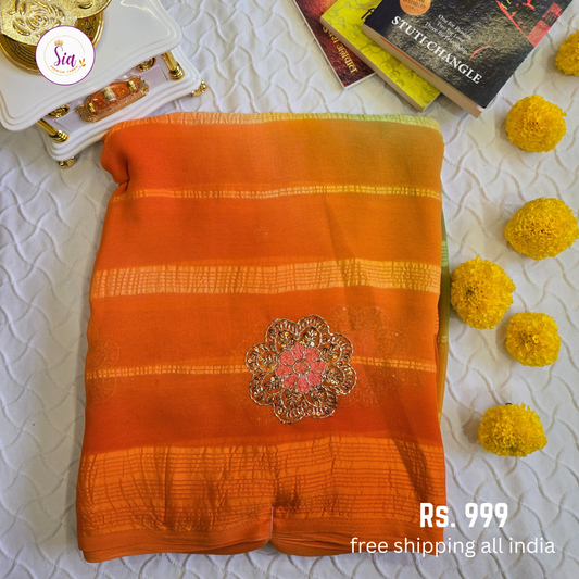 Orange - Chiffon Sarees - With blouse - With Embroidry butta
