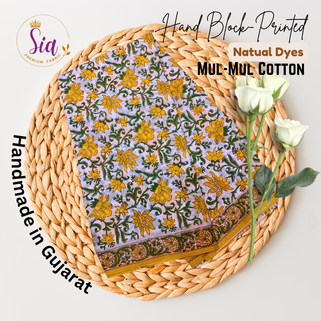 Vibrant hand block-printed piece features bold yellow florals dancing over soft lilac mul-mul cotton — a sun-kissed tribute to tradition - Sia Premium Fabric