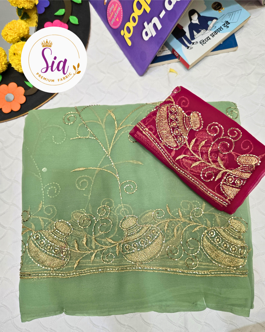 Light Green - Kumbh All-Over Embroidered Saree