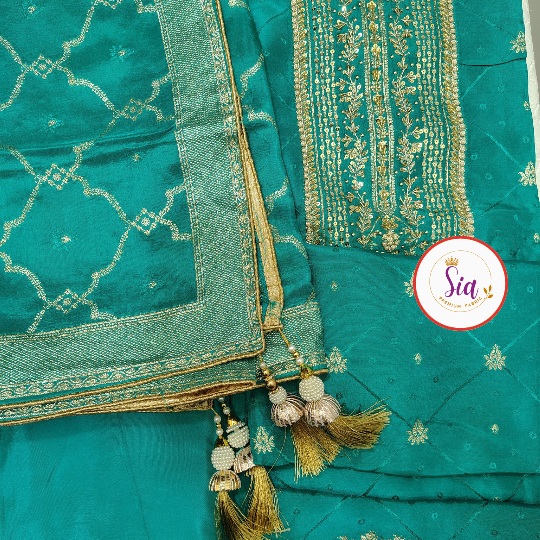 Pure Dola Russian Jacquard Silk Dress Material Rama Green, Teal/Sea Green color