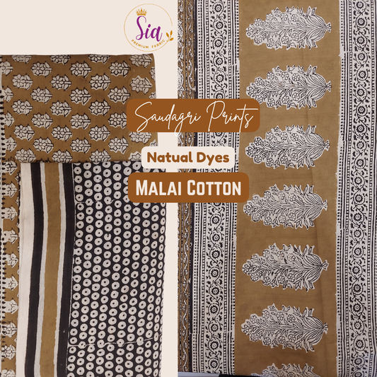Saudagri Block Print MALAI Cotton Saree, Olive Green/Mehendi color, natural dye.