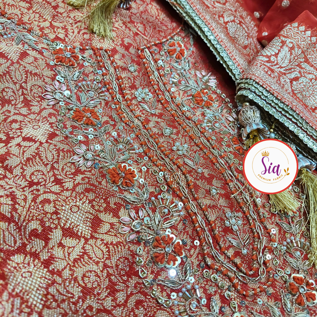 Stunning Pure Jamawar Banarasi Weave Shirt in a rich Rust hue