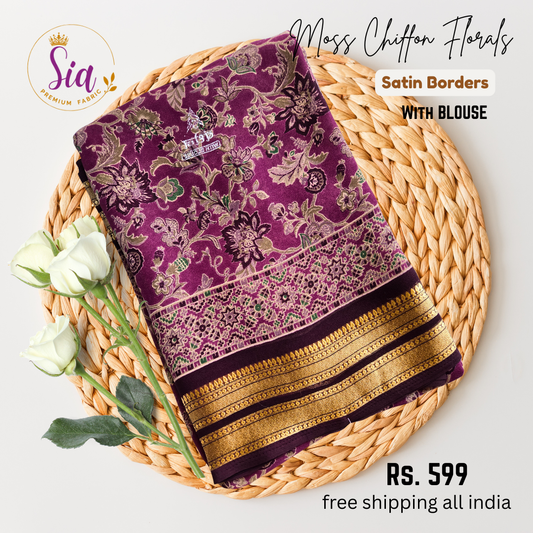 Majenta / Dark Pink  - Floral prints Moss chiffon