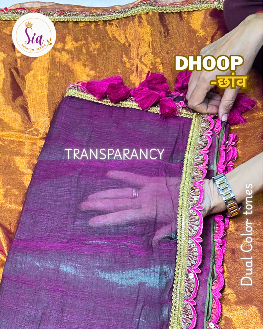 Purple Pink - धूप Dhoop छाँव chaaon, soft tissue sarees with beautiful lace borders and tassels.
