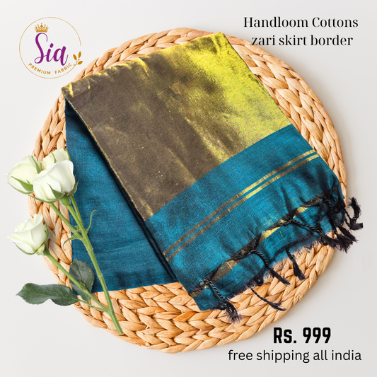 Teal blue with Zari border - Handloom khadi cotton sarees
