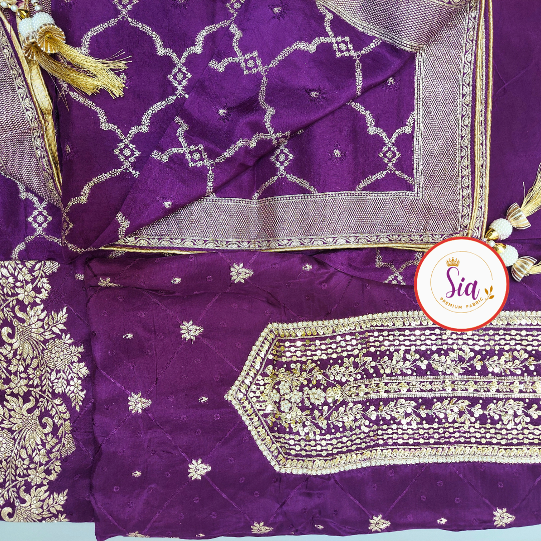 Pure Dola Russian Jacquard Silk Dress Material - Dark Deep Purple