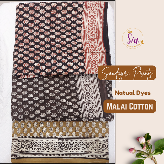 Saudagri Block Print MALAI Cotton Saree, Black and Maroon color, natural dye.
