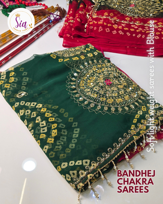 Green and Red - Chakra Bandhej Sarees