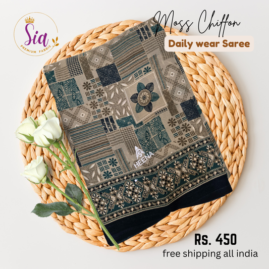 Cream, maroon, green colors - Moss chiffon