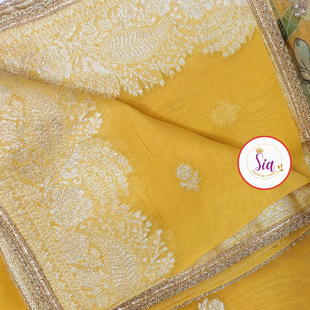 Festive Elegance – Mustard Gold Pure Organza, zari weaving dupatta with motifs and tassels